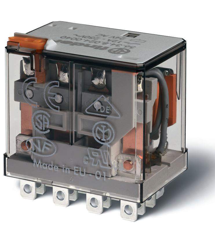 реле миниатюрное силовое электромеханич. монтаж в розетку или наконечники faston (4.8х0.5мм) 4co 12а agni 48в dc rti опции: кнопка тест + мех.индикатор finder 563490480040pas от BTSprom.by