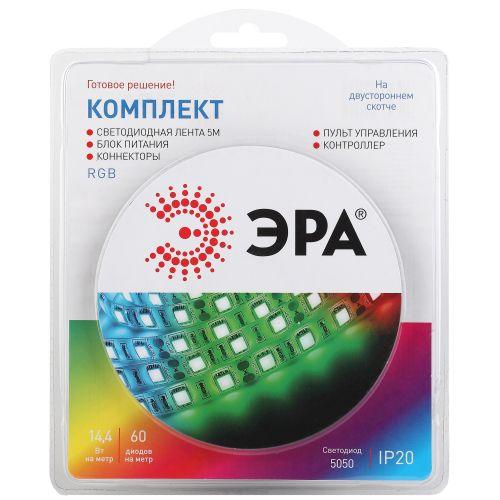 комплект светодиодной ленты 5050kit-14.4-60-12-ip20-rgb разноцвет. 12в (в комплекте: led лента на двустороннем скотче; источник питания; контроллер; пульт управления; коннекторы) (уп.5м) эра б0043067 от BTSprom.by