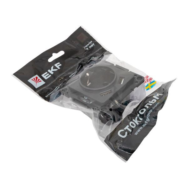 Розетка 1-м СП Стокгольм 16А USB 2A с заземл. защ. шторки винтов. клеммы механизм черн. EKF EZR16-2USB-typeA фото в каталоге от BTSprom.by