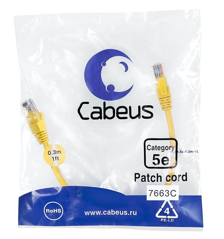 патч-корд u/utp кат.5e pc-utp-rj45-cat.5e-0.3m-yl-lszh 2хrj45/8p8c неэкранир. lszh 0.3м желт. cabeus 9495c от BTSprom.by