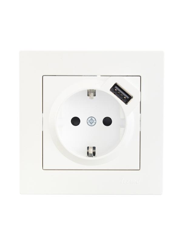  Розетка 1-м СП Vesna с заземл. с заряд. устройством USB механизм жемчуж./бел. перламутр LEZARD 742-3088-181 фото в каталоге от BTSprom.by
