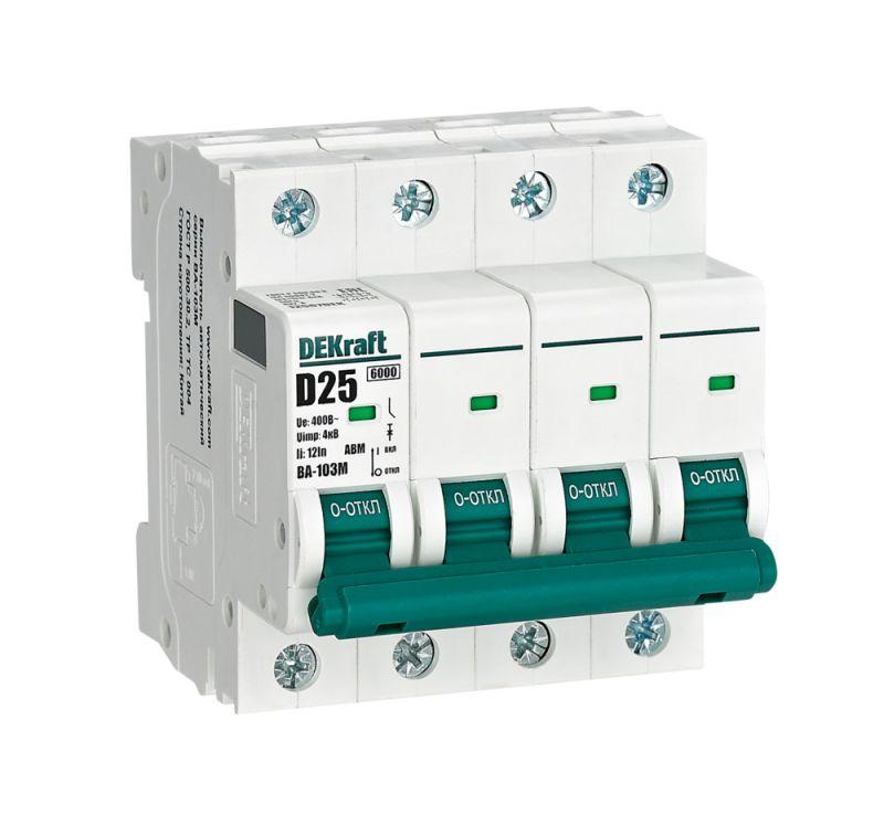 выключатель автоматический модульный 4п d 25а 6ка ва-103m без теплозащиты dekraft 12567dek от BTSprom.by