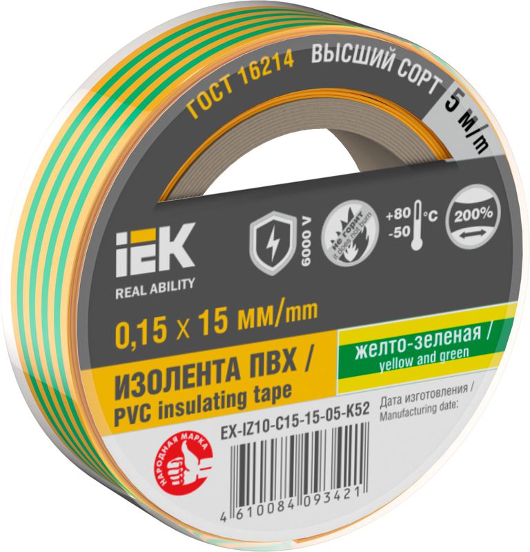 изолента 0.15х15мм (рул.5м) желт./зел. iek ex-iz10-c15-15-05-k52 от BTSprom.by