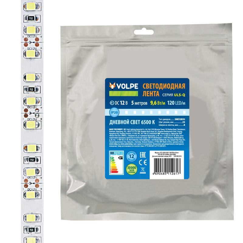 лента светодиодная гибкая uls-q330 2835-120led/m-8mm-ip20-dc12v-9.6вт/m-5m-6500k на самоклеящейся основе (уп.5м) volpe ul-00004539 от BTSprom.by
