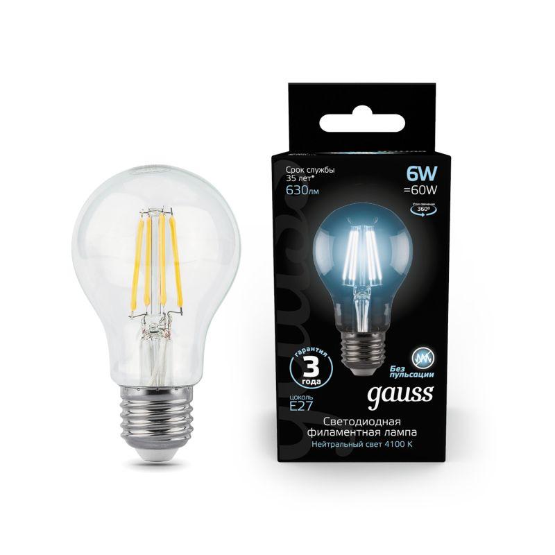лампа светодиодная филаментная black filament 6вт a60 грушевидная 4100к нейтр. бел. e27 630лм gauss 102802206 от BTSprom.by