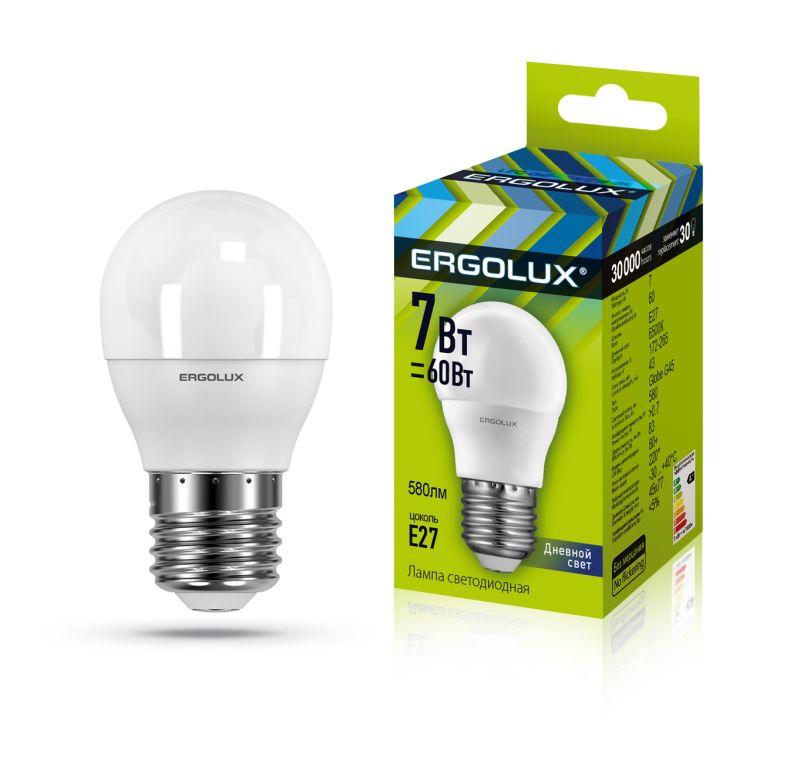 лампа светодиодная led-g45-7w-e27-6500k 172-265в "шар" ergolux 12877 от BTSprom.by