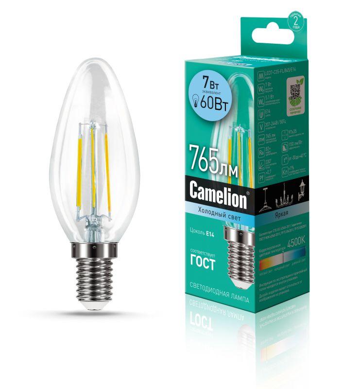 лампа светодиодная филаментная led7-c35-fl/845/e14 7вт 220в camelion 13453 от BTSprom.by