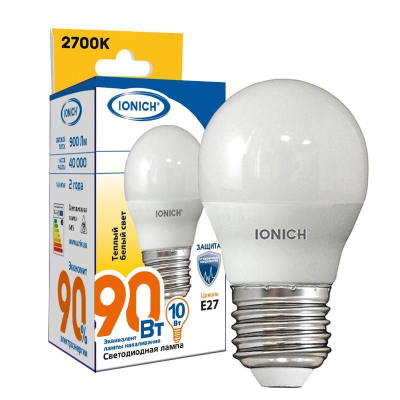 лампа светодиодная g45 10вт "шар" 2700к е14 230в тепл. бел. ionich 1802 от BTSprom.by