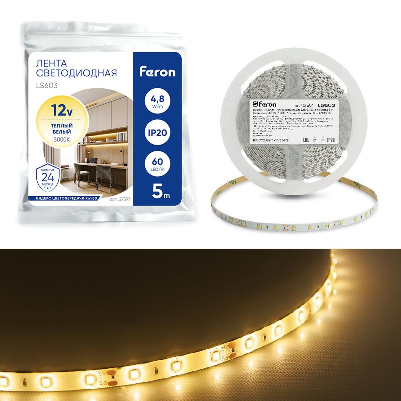лента светодиодная 60smd(2835)/м 4.8вт/м 12в 3000к ls603 (уп.5м) feron 27597 от BTSprom.by