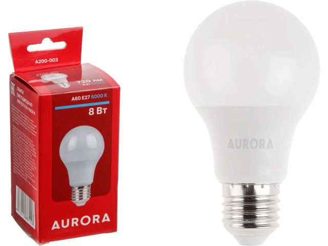 лампа светодиодная a60 стандарт 8вт 230в e27 6000k aurora a200-003 от BTSprom.by