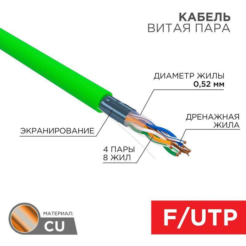 кабель витая пара f/utp кат.5e 4х2х0.52 24awg solid нг(а)-lsltx indoor зел. (305м) rexant 01-0161 от BTSprom.by