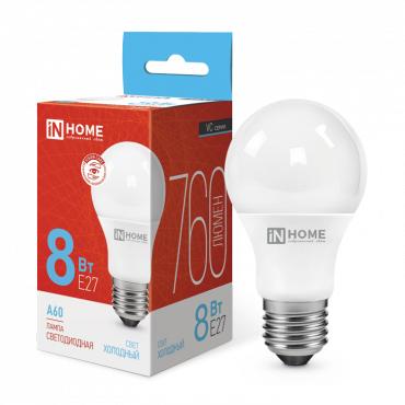 лампа светодиодная led-a60-vc 8вт грушевидная 6500к холод. бел. e27 760лм 230в in home 4690612024042 от BTSprom.by