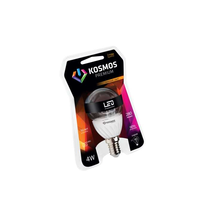 лампа светодиодная kosmos premium 4вт шар прозрачный 45мм e14 230в 3000к космос kled4wgl45230ve1427c от BTSprom.by