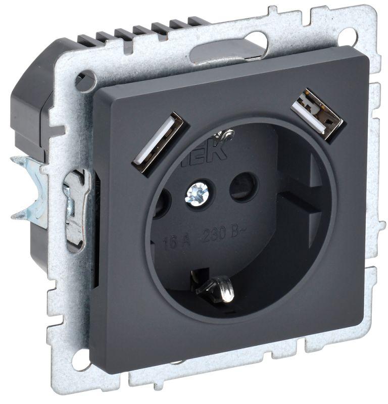 розетка brite рюш10-2-брг 16а с usb a+a 3.1а с заземл. защ. шторки графит iek br-r14-16-u21-d31-k53 от BTSprom.by