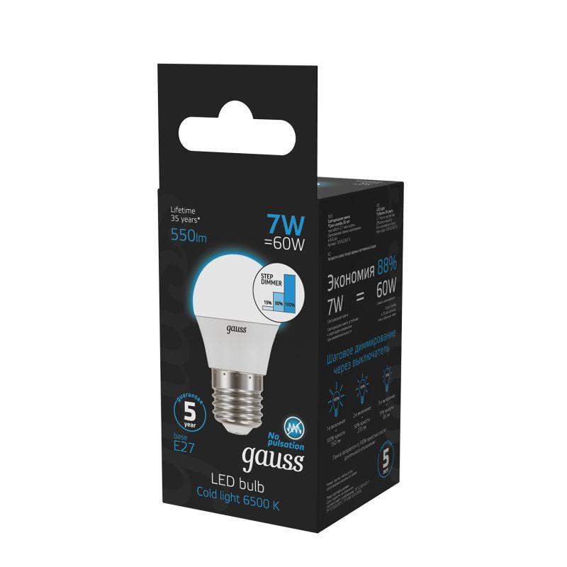 Лампа светодиодная Black 7Вт P45 шар 6500К холод. бел. E27 550лм шаг. диммир. GAUSS 105102307-S фото в каталоге от BTSprom.by