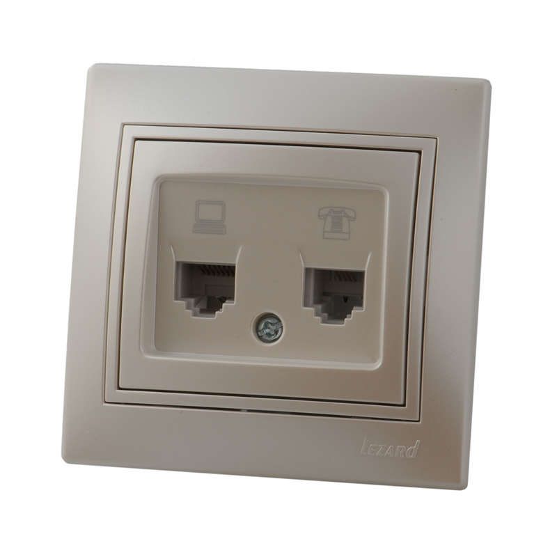 розетка компьютерная + телефонная 2-м сп mira rj45 + rj11 ip20 со вставкой жемчуж./бел. перламутр. lezard 701-3030-143 от BTSprom.by