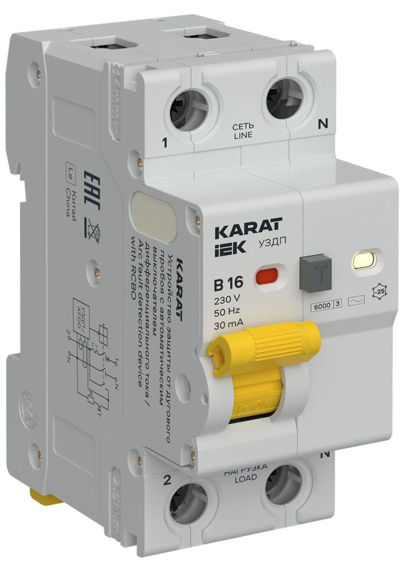 устройство защиты от дугового пробоя с автоматическим выключателем дифференциального тока (уздп + авдт) 1p+n b 16а 30ма тип ac karat iek ka-dp12-1-016-b-030-ac от BTSprom.by