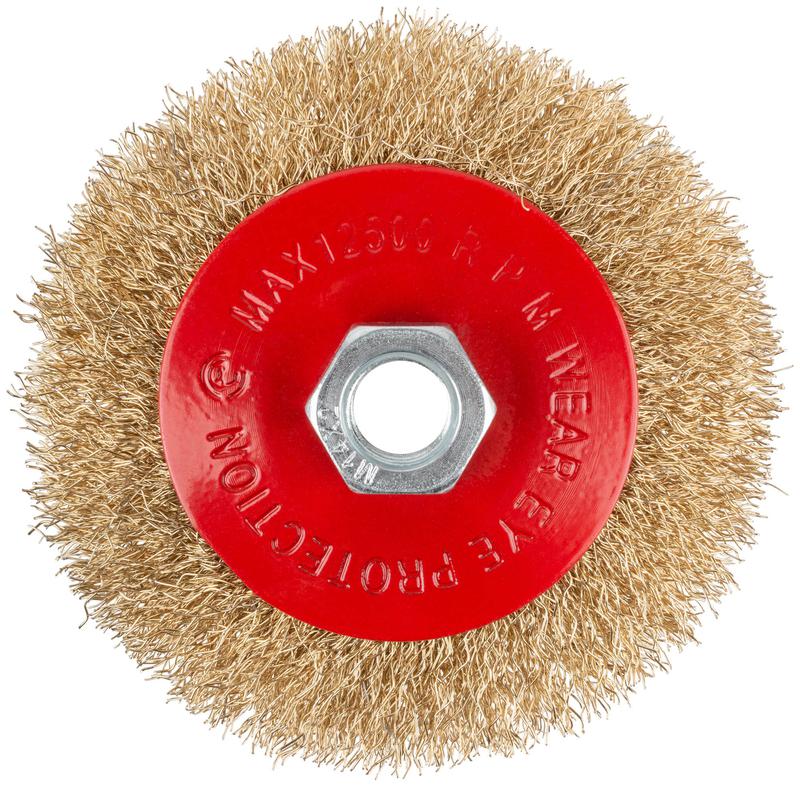  Корщетка-колесо с наклоном гайка М14 стальная латунированная волнистая проволока 100мм блистер КУРС 39083 фото в каталоге от BTSprom.by