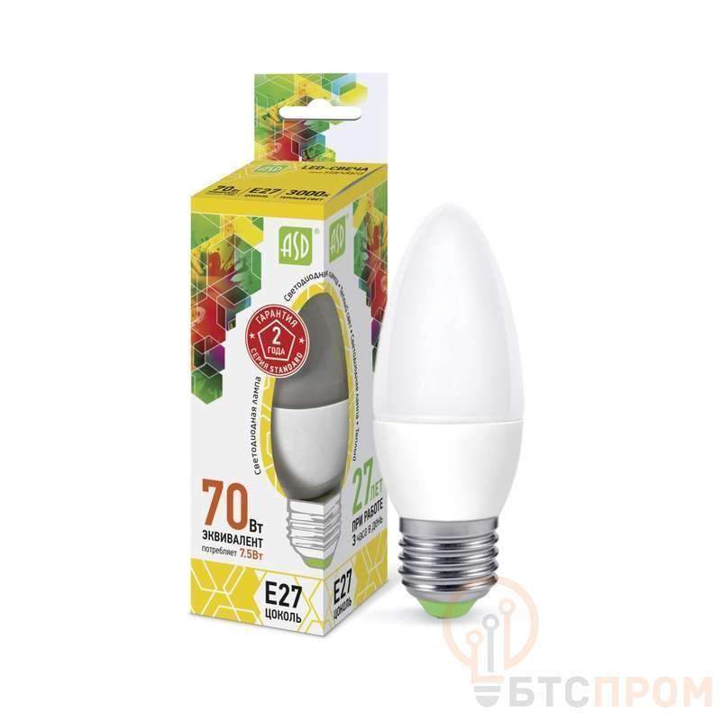 лампа светодиодная led-свеча-standard 7.5вт свеча 3000к тепл. бел. e27 675лм 160-260в asd 4690612003948 от BTSprom.by