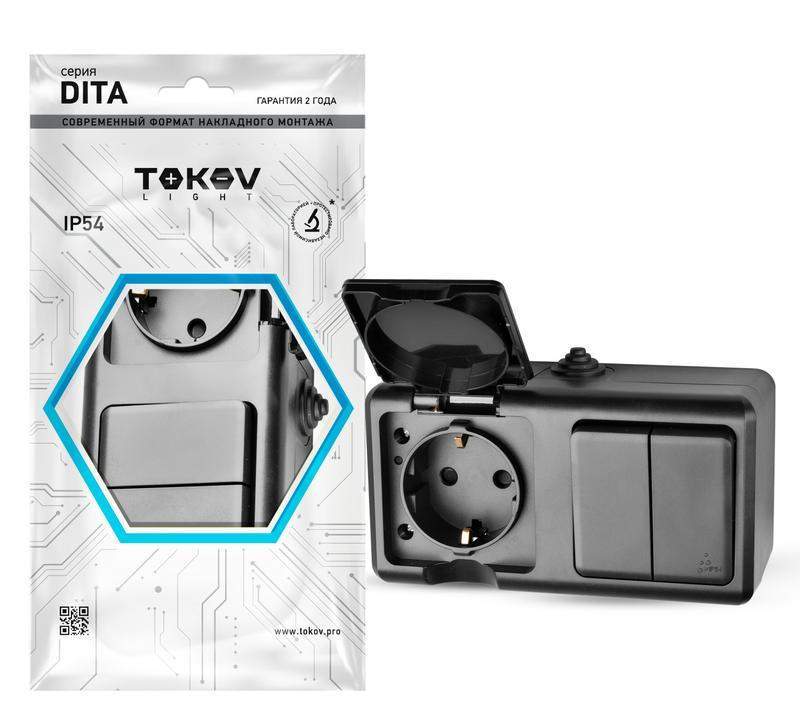 блок оп dita (розетка 16а 250в с заземл. + 2-кл. выкл. 10а) ip54 карбон tokov electric tkl-dt-v2rz-c14-ip54 от BTSprom.by