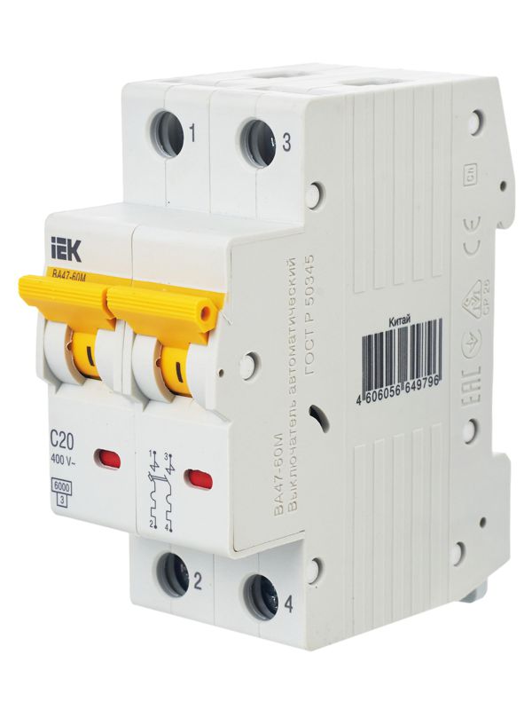  Выключатель автоматический модульный 2п C 20А 6кА ВА47-60M KARAT IEK MVA31-2-020-C фото в каталоге от BTSprom.by