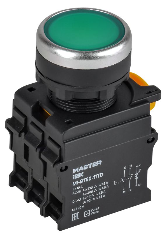 кнопка d22мм 1но+1нз master с подсветкой и фиксацией зел. iek mi-bt60-11td-3-11-k06 от BTSprom.by