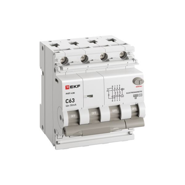  Выключатель автоматический дифференциального тока 4п (3P+N) C 63А 30мА тип A 6кА АВДТ-63N электромеханич. PROxima EKF D63N46MA63C30 фото в каталоге от BTSprom.by