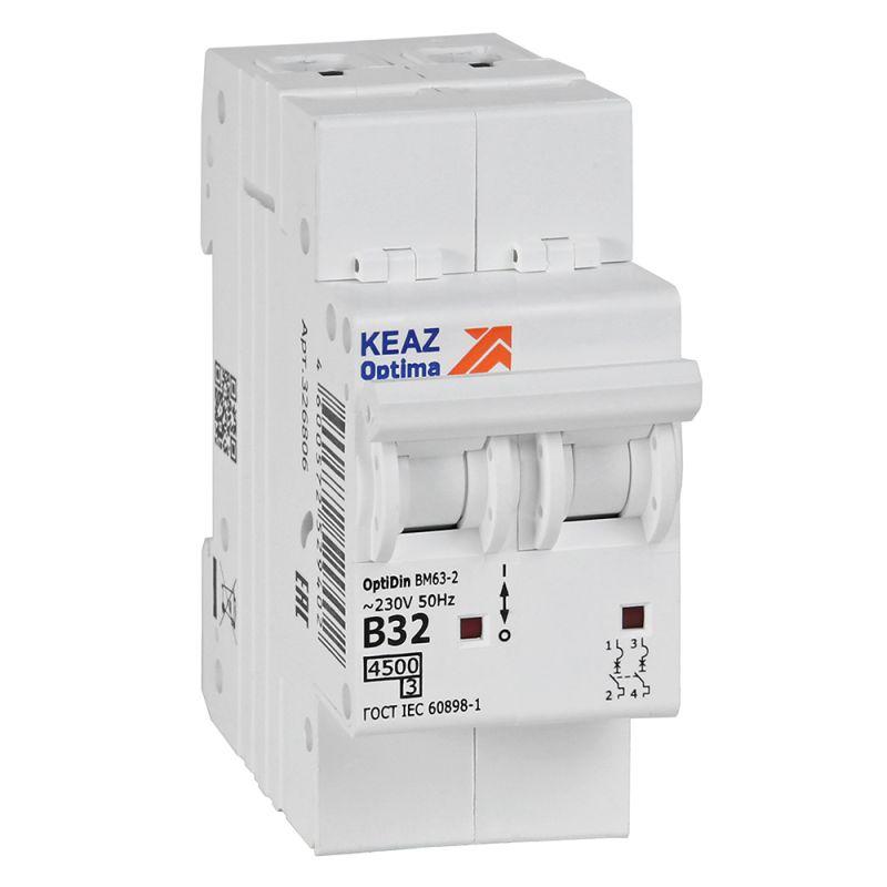 выключатель автоматический модульный 2п b 32а 4.5ка optidin bm63-2b32-4.5-ухл3 кэаз 329513 от BTSprom.by
