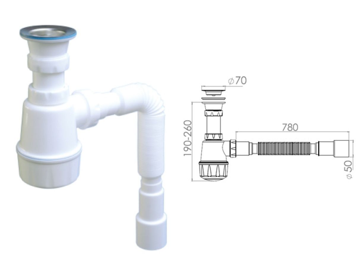  Сифон для кухни с прикручивающимся выпуском 70мм,  с гибкой трубой 1 1/2" - 40/50мм, AV Engineering AVE129760 фото в каталоге от BTSprom.by