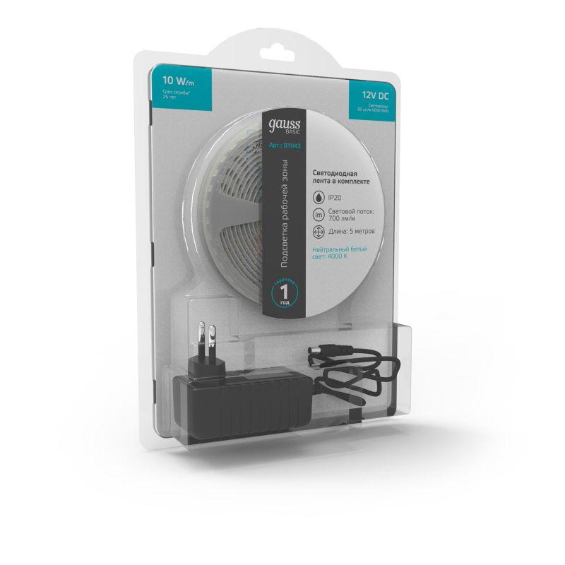  Лента светодиодная Basic 5050/60-SMD 10Вт/м 4000К нейтр. бел. IP20 700лм/м 12В 10мм драйвер (уп.5м) GAUSS BT043 фото в каталоге от BTSprom.by