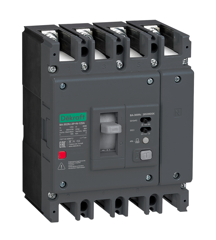 выключатель автоматический силовой 4п (3p+n) 32а 50ка ва-302rc inst 30/100/300ма dekraft 28523dek от BTSprom.by