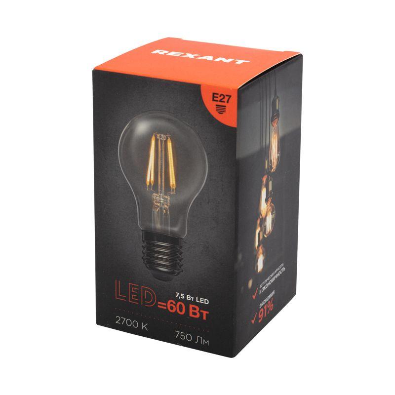 Лампа филаментная А60 7.5Вт 750лм 2700К E27 прозр. Rexant 604-148 фото в каталоге от BTSprom.by