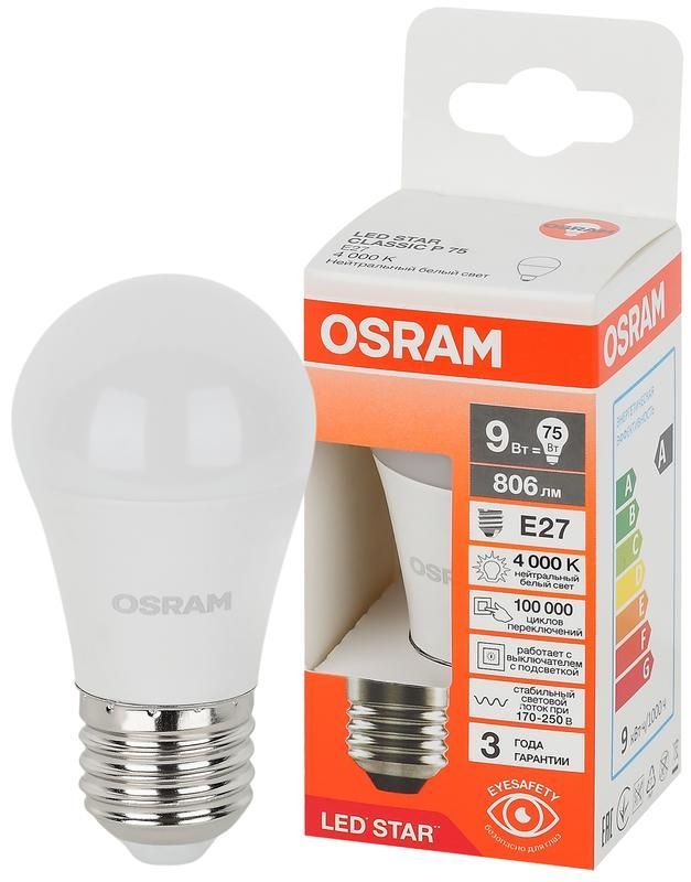 лампа светодиодная led star 9вт 4000к нейтр. бел. e27 806лм p угол пучка 180град. 170-250в (замена 75вт) матов. пластик osram 4058075696624 от BTSprom.by