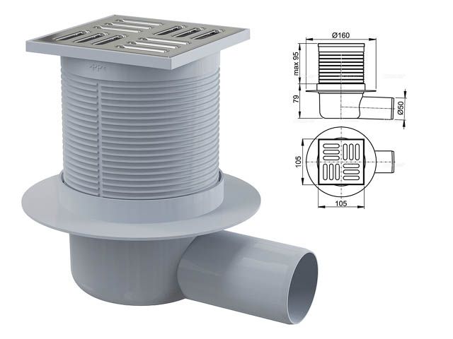 сливной трап 105х105/50, подводка-боковая, решетка-нерж.сталь, гидрозатвор-комбинированый, alcaplast apv31-bl-01 от BTSprom.by