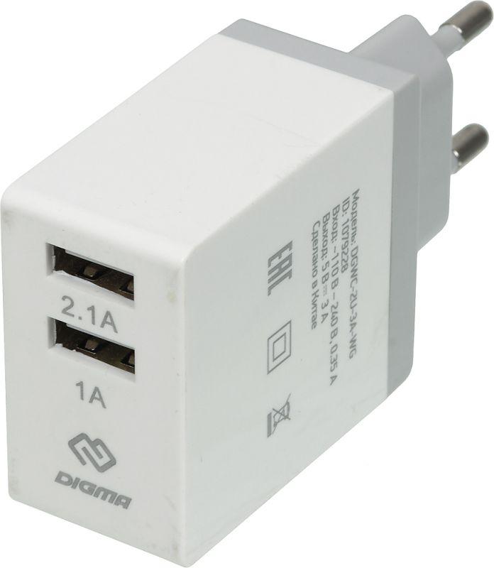 устройство зарядное сетевое dgwc-2u-3а-wg 2.1а+1а универс. бел. digma 1079228 от BTSprom.by
