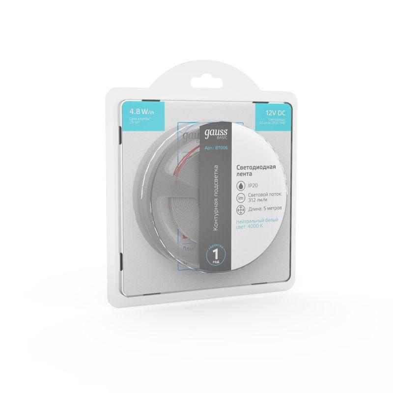  Лента светодиодная Basic 2835/60-SMD 4.8Вт/м 4000К нейтр. бел. IP20 312лм/м 12В 8мм (уп.5м) GAUSS BT006 фото в каталоге от BTSprom.by