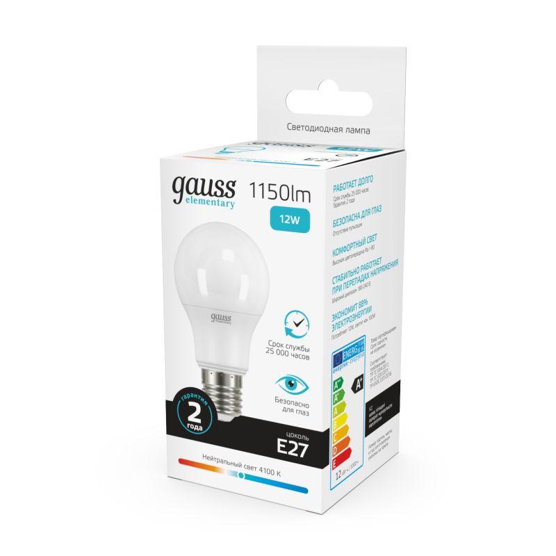 Лампа светодиодная Elementary 12Вт A60 грушевидная 4100К нейтр. бел. E27 1150лм GAUSS 23222 фото в каталоге от BTSprom.by