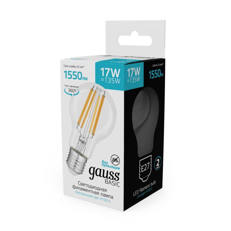 Лампа светодиодная филаментная Basic Filament А60 17Вт 4100К Е27 1550лм GAUSS 10212272 фото в каталоге от BTSprom.by