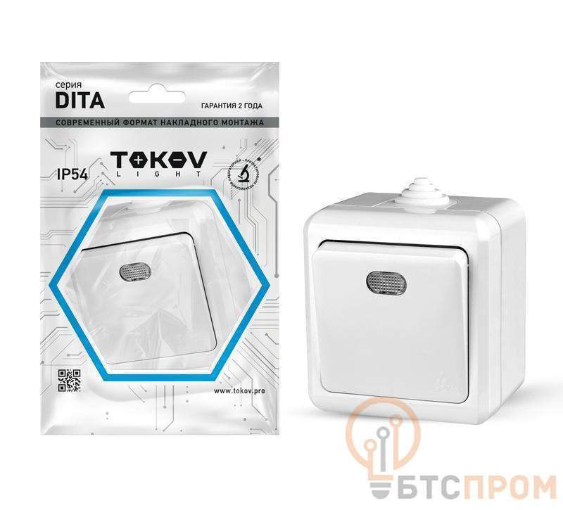  Выключатель 1-кл. ОП Dita IP54 10А 250В с индикацией бел. TOKOV ELECTRIC TKL-DT-V1I-C01-IP54 фото в каталоге от BTSprom.by