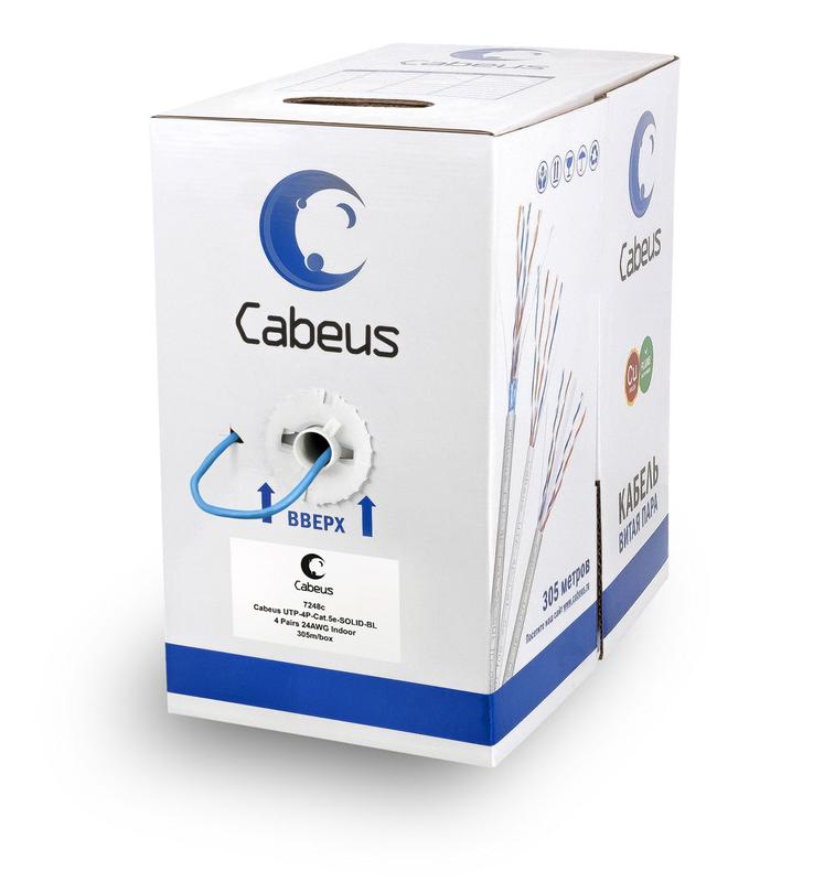 кабель витая пара u/utp кат.5e 4х2х24awg solid pvc нг(а)-ls utp-4p-cat.5e-solid-bl син. (уп.305м) cabeus 7248c от BTSprom.by