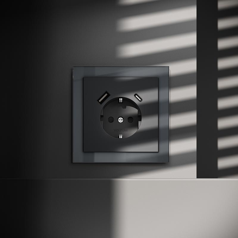  Розетка 1-м СП S70 16А с USB A+С с заземл. защ. шторки механизм графит Voltum VLS040507 фото в каталоге от BTSprom.by