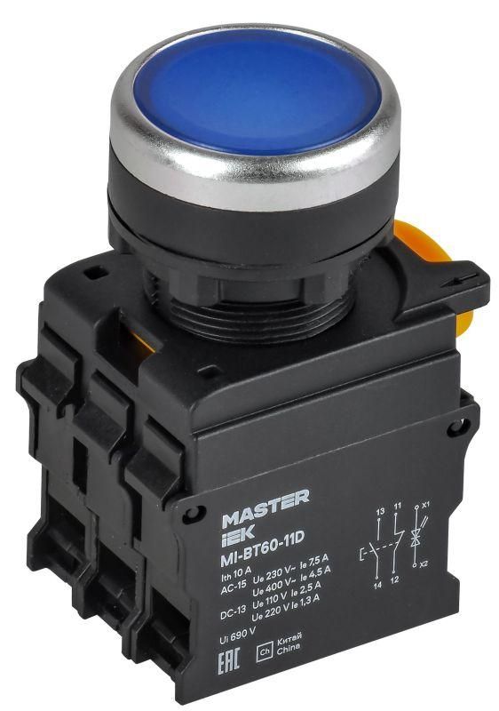 кнопка d22мм 1но+1нз master с подсветкой син. iek mi-bt60-11d-3-12-k07 от BTSprom.by