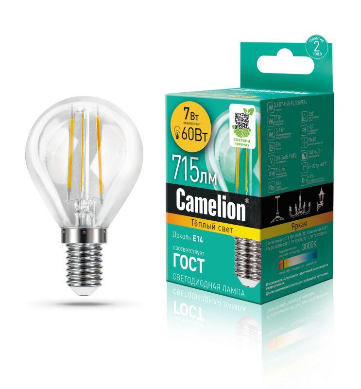 лампа светодиодная филаментная led7-g45-fl/830/e14 7вт 220в camelion 13456 от BTSprom.by