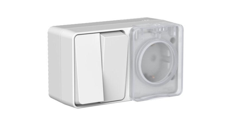 блок оп atlasdesign profi ip54 (розетка 16а заземл. защ. шторки + 2-кл. выключатель 10а) сер. se atn543074 от BTSprom.by