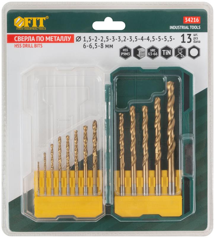  Набор сверл HSS по металлу 1.5; 2; 2.5; 3; 3.2; 3.5; 4; 4.5; 5; 5.5; 6; 6.5; 8мм покрытие титан. (13 предметов) FIT 34216 фото в каталоге от BTSprom.by