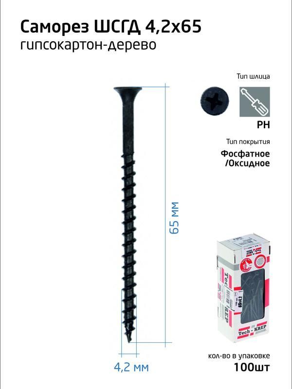 саморез гипсокартон-дерево 4.2х65 (коробка) (уп.100шт) tech-krep/zitar 102126 от BTSprom.by