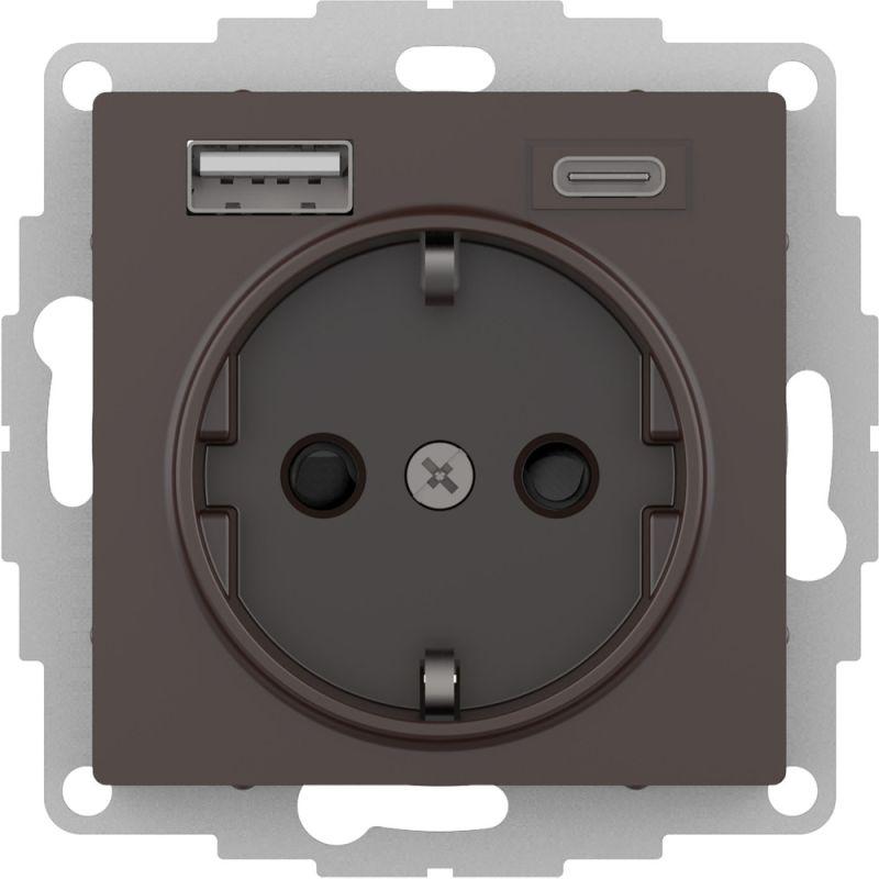 розетка atlasdesign 16а с 2-мя заряд. устройствами usb тип a+c 5в/2.4а 2х5в/1.2а механизм мокко se atn000632 от BTSprom.by