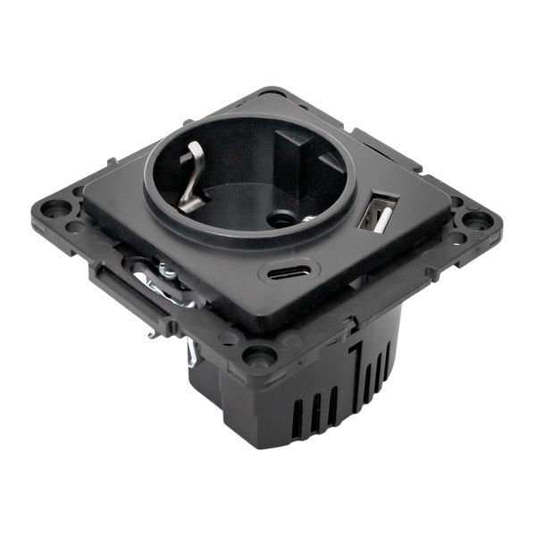  Розетка 1-м СП Стокгольм 16А USB A+C с заземл. защ. шторки винтов. клеммы механизм черн. EKF EZR16-2USB-typeA-typeC фото в каталоге от BTSprom.by