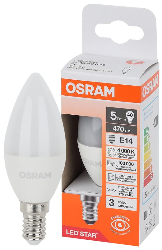 лампа светодиодная led star 5вт свеча 4000к e14 470лм (замена 40вт) osram 4058075696082 от BTSprom.by