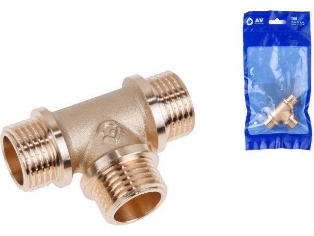 тройник 1/2" нар.-нар.-нар. с ограничителем, av engineering (инд. упак.) (латунь, макс.  16 бар, макс.  110 °с) ave306011 от BTSprom.by